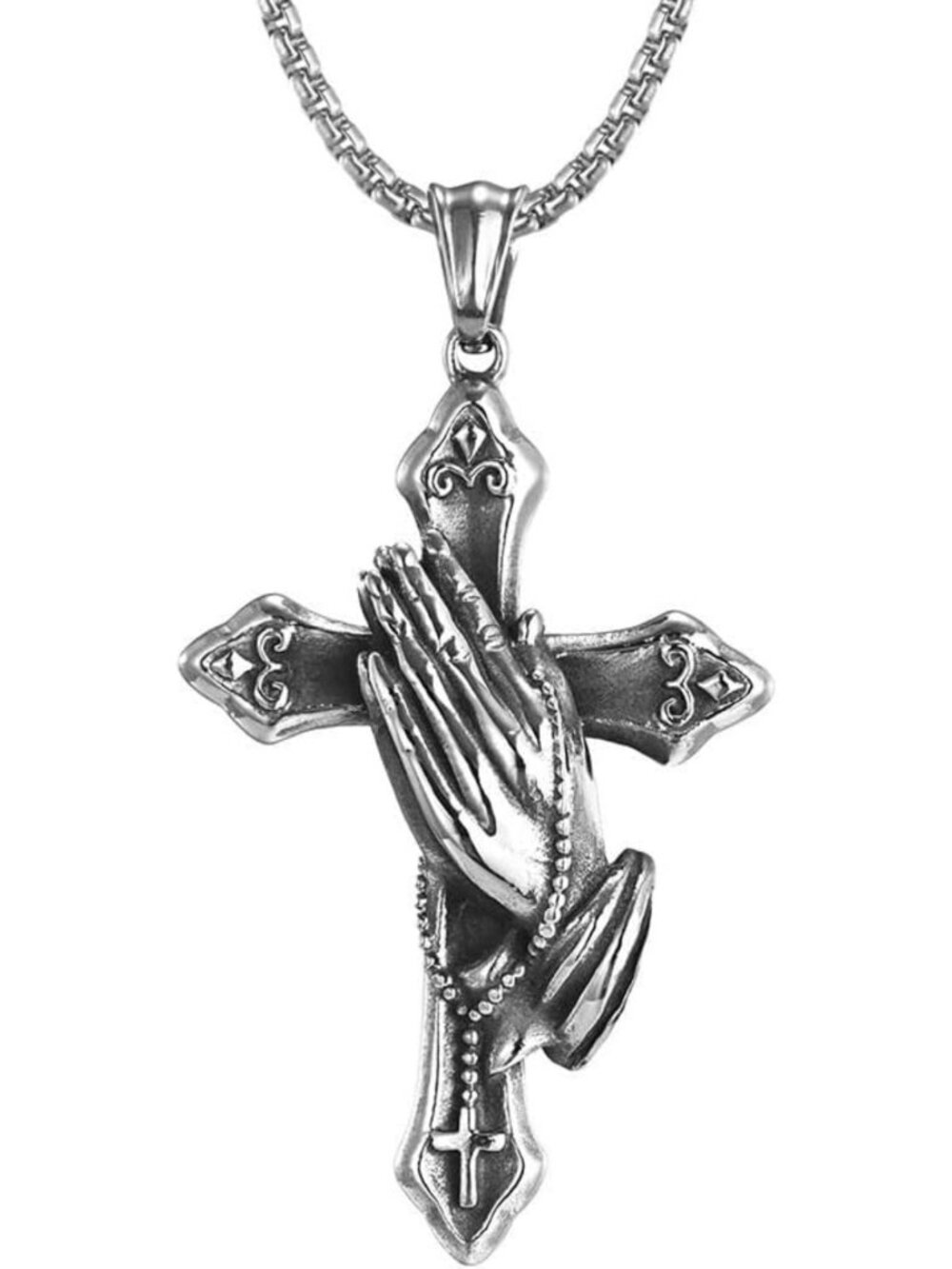 Vintage Silver Stainless Steel Cross Necklace for Men, 23.6" Christian Jewelry
